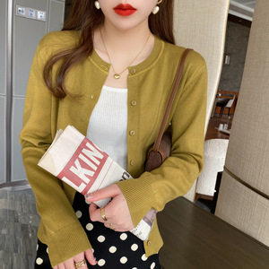 Cárdigan de punto para mujer, manga larga, color amarillo mostaza, ropa de abrigo para otoño e invierno, suéter de estilo informal japonés y coreano, talla única - Product Image 1