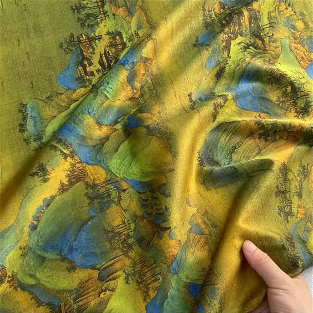 2024 Vintage Chinese Landscape Painting Printed Style Silk Stretch Satin Fabric for Lady Cheongsam