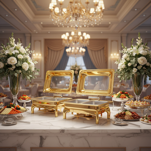 Calentador <span class=keywords><strong>de</strong></span> Alimentos <span class=keywords><strong>de</strong></span> Lujo para Hoteles Árabes, Recipiente Redondo Dorado <span class=keywords><strong>de</strong></span> 9L con Quemadores <span class=keywords><strong>de</strong></span> Alcohol, Acero Inoxidable para Buffet y Catering - Product Image 3