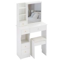 Table de maquillage moderne à grande capacité avec panneau en pin, tabouret rembourré, et rangement coulissant extra large pour chambre à coucher