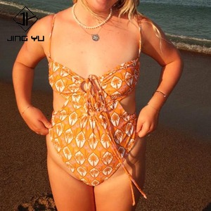 Hot-selling retro-style beach print hollow drawstring one-piece swimsuit custom-made recycled nylon one-piece swimsuit - Product Image 1