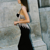 Robe longue de soirée élégante pour femme, sans manches, avec franges métalliques personnalisées, noire unie, taille évidée, sexy, fendue, pour bal de promo
