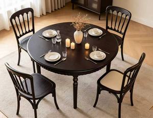 Vintage Dark Wood <b>Round</b> <b>Dining</b> <b>Table</b> Set, Farmhouse Windsor Chairs with Rattan Seats - Product Image 6