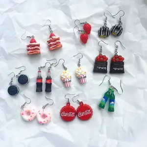 Cute Resin Jewelry Strawberry Cake Popcorn Drink Bottle Hook and Cereal Miniature Food Earrings for Girls Bulk Wholesale