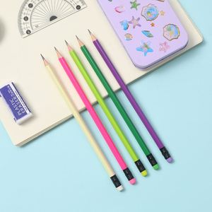Fournitures scolaires et de bureau, ensemble de crayons peints, 7 pouces, HB, triangle, couleur fluorescente, crayon en bois de peuplier avec gomme de couleur - Product Image 4
