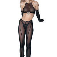Dierlove Ensemble sexy noir en maille transparente avec haut licou, leggings, gants, détails ajourés à crochets, écologique, respirant, tenue de club exotique