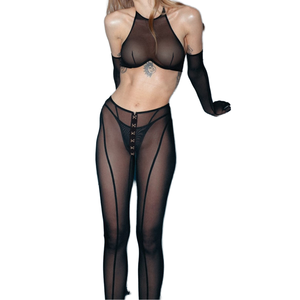 Dierlove Conjunto de Top Halter de Malla Negra Sexy, Leggings y Guantes con Diseño Hueco Transparente, Ecológico, Transpirable, Ropa de Club Exótica - Product Image 1