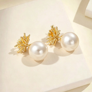 Pearl <b>Stud</b> <b>Earrings</b> For Women S925 Sterling <b>Silver</b> Geometric Design Party Jewelry - Product Image 3