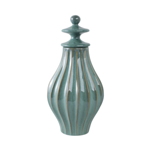 Vaso Decorativo in Ceramica Scanalata con Coperchio, Verde Teal, 12 Pollici, Scultura Decorativa per Soggiorno e Camera da Letto - Product Image 4