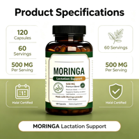 Capsules végétaliennes de feuilles de Moringa en marque blanche OEM, 120 unités, 500 mg, pour marque personnalisée
