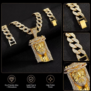 Collier pendentif Dije De Jesus en alliage de zinc plaqué or, avec strass, tête de <span class=keywords><strong>Christ</strong></span>, bijoux religieux pour hommes - Product Image 2