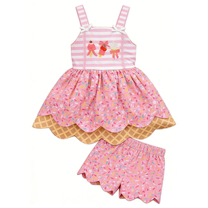 GSSO3382 Conjuntos de ropa de verano personalizados para niñas pequeñas con rayas rosas y diseño de helado, pijamas de manga corta para niñas al por mayor. - Product Image 1