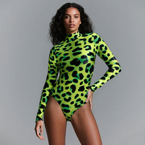 จั๊มสูทแขนยาวคอแขนยาวพิมพ์ลายเสือดาวสีเขียวเซ็กซี่ - Product Image 1