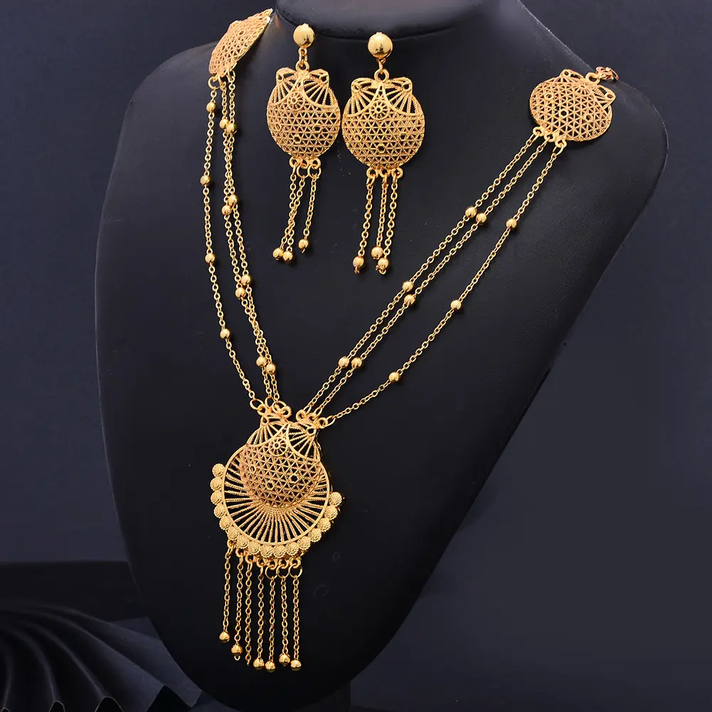 Conjunto de joyas para mujer con pendientes colgante de Color dorado a la moda ahueca hacia fuera la primavera redonda gruesa Color dorado Aleación de Zinc flor 50 + 5CM