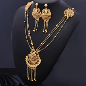 Jewelry Set For Women With Earrings Gold Color Pendant Trendy Hollow Out Spring Round Chunky Gold Color Zinc Alloy Flower 50+5CM