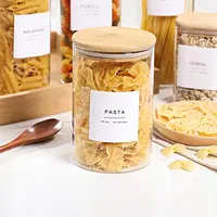 Set di contenitori per contenitori in vetro borosilicato per stoccaggio di spezie rotonde da cucina con coperchi in legno di bambù ermetici personalizzati