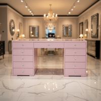 Table de toilette moderne en bois rose de 150 cm avec miroir de maquillage éclairé et rangement pour cosmétiques