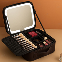 Valise de voyage professionnelle personnalisée en usine avec miroir LED, sac en cuir imprimé léopard, sangle de valise, fermeture éclair cosmétique, grande boîte portable