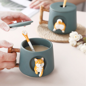 Taza personalizada de alta calidad de 420ml, Taza de cerámica de <span class=keywords><strong>Shiba</strong></span> Inu con tapa y cuchara de regalo para oficina - Product Image 1