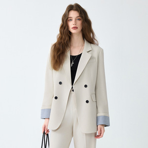 Women's Blazer Suit Set Double Breasted Cream Color Full Sleeve Autumn Anti-Wrinkle Korean Style Casual Wear - Product Image 1