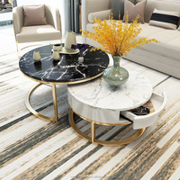 Table basse en acier inoxydable doré à 2 pièces, table centrale en marbre avec tiroir en bois, prix bas, vente chaude