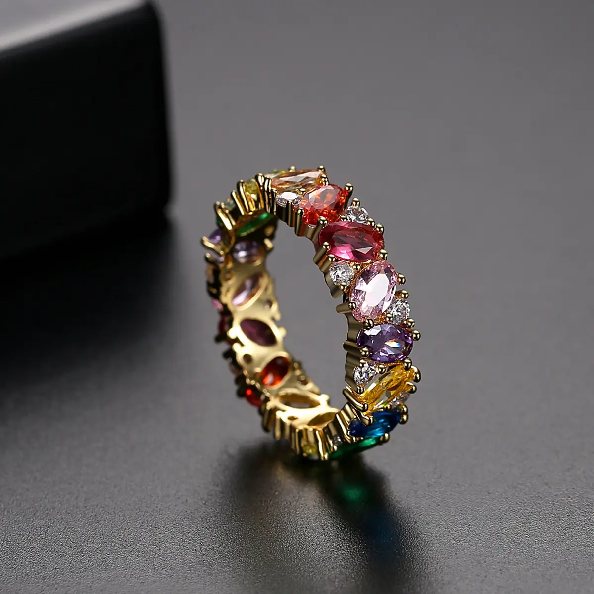 Online Shop Hot Sale Wholesale Fashion Designer Stylish Colourful Zircon Rings Short Rainbow Jewelry Women By The Dozen