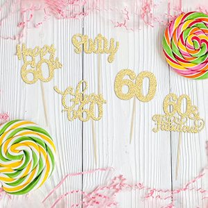 Decorazioni per Cupcake per <span class=keywords><strong>60</strong></span>° Compleanno, Topper Dorati 'Sixty Cheers to <span class=keywords><strong>60</strong></span> Years Old' per Festa di <span class=keywords><strong>60</strong></span> Anni - Product Image 4