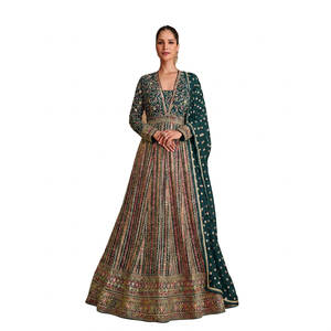 Elegant Women's Green Embroidered Anarkali Lehenga Salwar Kameez Set Full Length V-Neck <b>Top</b> with Dupatta Patterned Dress - Product Image 1