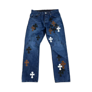 High Quality Luxury Blue Denim <strong>Jeans</strong> <strong>Lady</strong> Cross Print Regular Fit Streetwear <strong>Pants</strong> Fashion Brand Casual Mid-Waist Breathable - Product Image 1