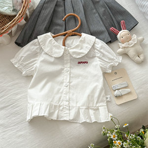 Girls Cotton Shirt And Skirt Set Off White Gray Two Piece Summer Outfit For Kids - Product Image 2
