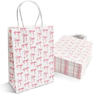 Coquette <b>Pink</b> Bow Paper Gift Bags with Handles Cute Ribbon Gift Wrap Shopping Bags for Goodie Candy Treat <b>Present</b> Giving Bag - Product Image 1