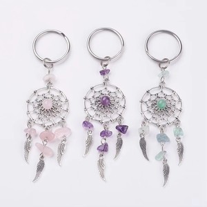 Zinc Alloy Bohemian Style Keychain Feather Tassel Natural Crystal Stone Key Ring Bag Pendant