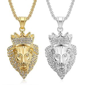 Yunnique – collier avec pendentif tête de lion en acier inoxydable, or, argent, couronne en strass, bijoux de fête Hip Hop pour hommes - Product Image 1