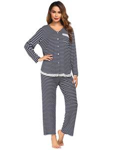 Damen Klassischer Freizeit-Pyjama-Anzug V-Ausschnitt 2-teilig Langarm Gestrickt Weich Elastische Taille Herbst Atmungsaktiv Einfarbig Spitze - Product Image 6