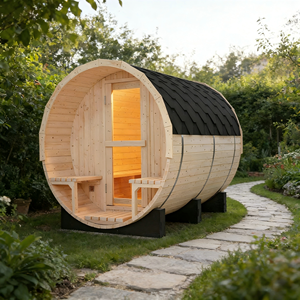 Sauna extérieur en forme de baril pour 4 à 6 personnes avec véranda, sauna à vapeur en pin blanc avec chauffage de 6 kW, toit en asphalte noir, porte en verre trempé - Product Image 2