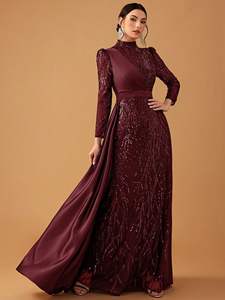 Elegant Luxury Sequined &amp; Satin High Neck Long Sleeve Cape Evening Gown for Women - Party Prom Dress - Product Image 1