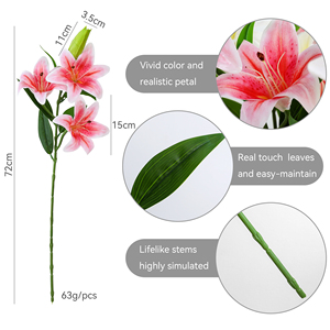 Vente en gros usine – Lys artificiel à longue tige de 63g, 3 fleurs ouvertes, 1 bourgeon, en PVC, fausse lys tigre pour centre de table événementiel et fournitures de <span class=keywords><strong>fleuriste</strong></span> - Product Image 2