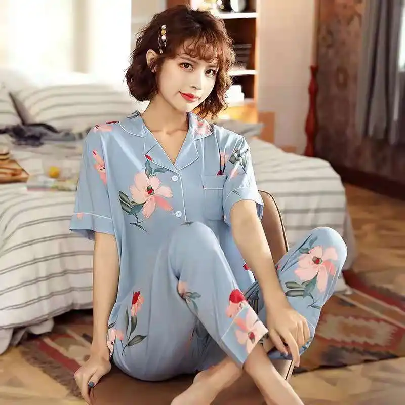 2 Pieces Soft Women Night Wear For Summer Short Pajamas Sets Floral Sleep Wear Set Female Leisure Viscose Cotton Home Suit Lady