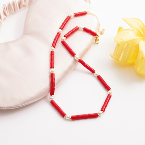 Fashion Layered Necklace Gold <b>Chain</b> Red Beads Pearl <b>Cross</b> Pendant Geometric Design Zinc Alloy Jewelry - Product Image 3