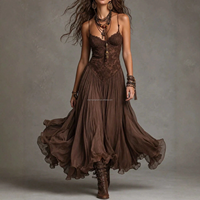 Robe longue plissée en mousseline de soie marron style bohème avec patchwork en dentelle, bretelles spaghetti, pour festival et soirée, personnalisable OEM