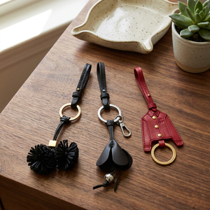Porte-clés en cuir avec pompon et mousqueton, design veste, breloque de sac, noir et rouge, forme irrégulière, personnalisable, durable, haute qualité - Product Image 3