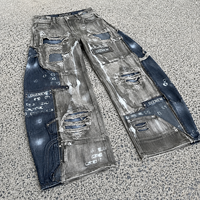 DiZNEW Jeans pour hommes style Wasteland, déchirés, à empiècements, coupe ample et jambe large, en denim, tenue Darkwear, OEM