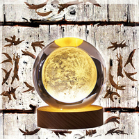 Lampe de nuit LED en cristal 3D Galaxie, lampe lunaire transparente, lumière chaude magique, base en bois, artisanat pour la maison