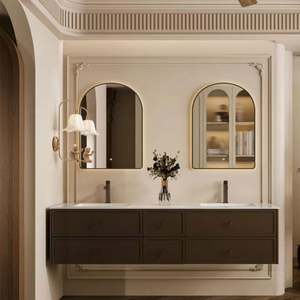 Online Technical Double Sink Makeup <b>Mirror</b> Metal Frame <b>Wall</b> Mounted Wooden <b>Bathroom</b> <b>Cabinet</b> Vanity Set - Product Image 3