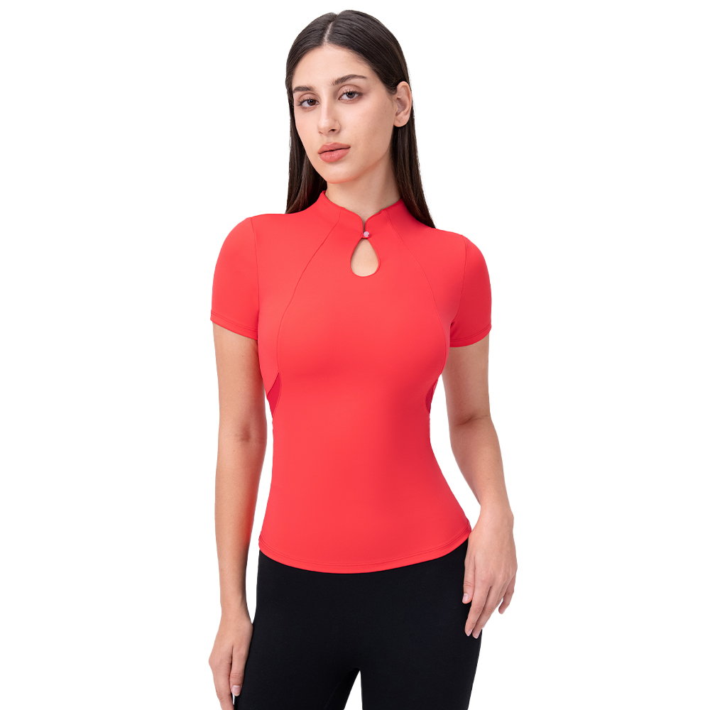 Nylon Chinese Style Buckle Yoga Top Short Sleeves with Chest Cushion Nude Feeling High Elasticity Tight Pilates Sport Top
