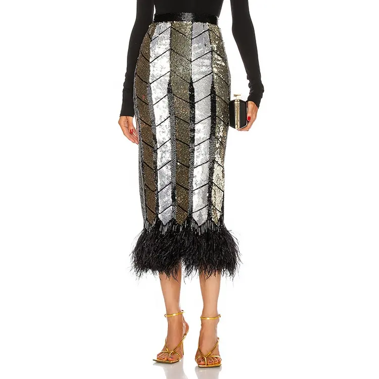 Luxury latest fashion design high quality custom silver sequined midi feather skirt