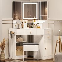 Bureau de maquillage d'angle avec station de charge, miroir et tabouret de rangement, table de maquillage avec tiroirs, étagères rotatives, blanc