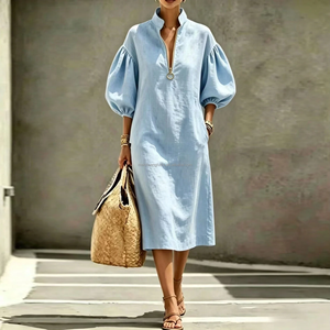Robe en lin jaune sur mesure OEM, col montant, manches bouffantes, demi-fermeture éclair, kaftan ample, élégante, pour femme, été, décontractée, longueur midi - Product Image 3