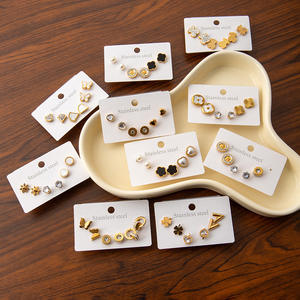 Nouvel ensemble de 12 paires de mini-boucles <span class=keywords><strong>d</strong></span>'oreilles clous en zircon, imitation perle, étoile, lune, fleur, petit cœur, plaqué or 18K/24K, pour femme, mignonnes - Product Image 1