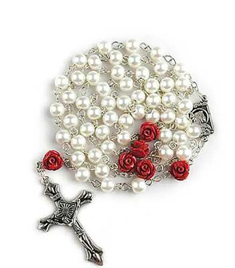 8 Mm Crème Parel Kralen Rozenkrans Rose Maria En Jezus Gebed Rozenkransen Religieuze Kruis Ketting